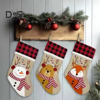 Рождественские чулки из мешковины, плед, рождественские подвесные украшения, 3D олень, снеговик, Санта, мешок конфет для праздничного декора камина C