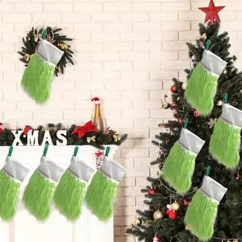 Рождественские чулки из зеленого искусственного меха, рождественские чулки с зеленым эльфом, подвесные носки для камина, декор для вечеринки в фермерском доме на дереве зелёный