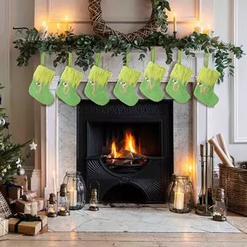 Рождественские чулки из зеленого искусственного меха, рождественские чулки, подвесные, начальные, чулки, украшение для елки, камина A