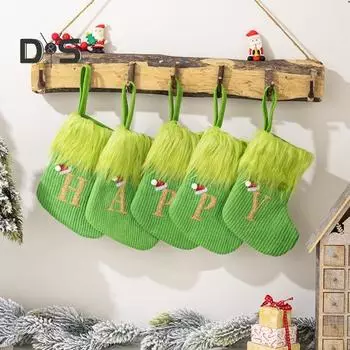 Рождественские чулки из зеленого искусственного меха, рождественские чулки, подвесные, начальные, чулки, украшение для елки, камина C