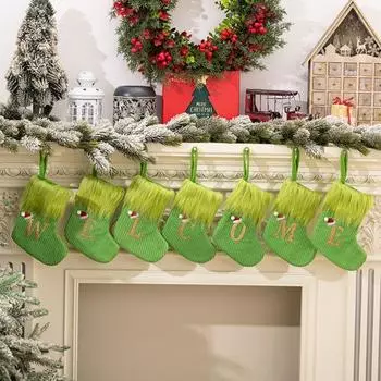 Рождественские чулки из зеленого искусственного меха, рождественские чулки, подвесные, начальные, чулки, украшение для елки, камина H
