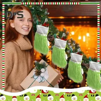 Рождественские чулки из зеленого искусственного меха, рождественские чулки с зеленым эльфом, подвесные носки для камина, декор для вечеринки в фермерском доме на дереве зелёный