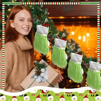 Рождественские чулки из зеленого искусственного меха, рождественские чулки с зеленым эльфом, подвесные носки для камина, декор для вечеринки в фермерском доме на дереве зелёный