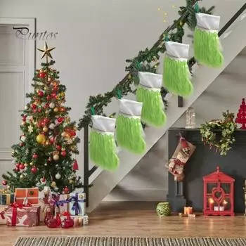 Рождественские чулки из зеленого искусственного меха, рождественские чулки с зеленым эльфом, подвесные носки для камина, декор для вечеринки в фермерском доме на дереве зелёный