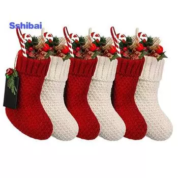 Рождественские чулки, износостойкие, большой емкости, однотонные вязаные чулки, подвесное украшение для рождественской елки красный