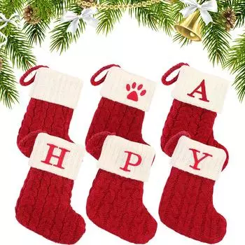 Рождественские чулки, конфетный мешок с белыми манжетами, вышитые буквы, чулки, вязаные мини-чулки для украшения рождественской вечеринки