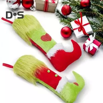 Рождественские чулки, плюшевые зеленые меховые носки, чулки в виде гномов, подвесные украшения для рождественской елки, зимние праздничные подарочные пакеты для украшения дома A