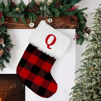 Рождественские чулки с подвеской в виде буквы, вышитые винтажные красные и черные сетчатые узоры, рождественские чулки для украшения дома