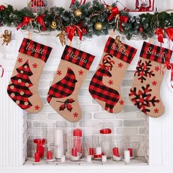 Рождественские чулки в клетку Буффало, рождественские чулки с оленями, снежинками, каминные подвесные чулки, украшения для лестницы дома D