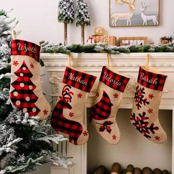 Рождественские чулки в клетку Буффало, рождественские чулки с оленями, снежинками, каминные подвесные чулки, украшения для лестницы дома B