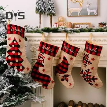 Рождественские чулки в клетку Буффало, рождественские чулки с оленями, снежинками, каминные подвесные чулки, украшения для лестницы дома A