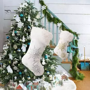 Рождественские чулки, вышитые снежинками, подвесные носки с плюшевой кромкой, праздничный домашний декор, подарочные чулки для рождественской вечеринки золотистый