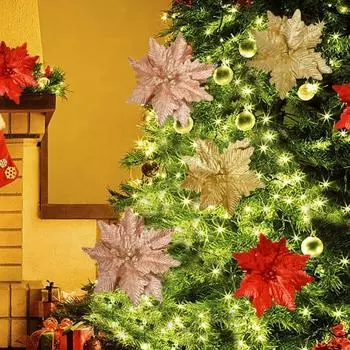 Рождественские цветы пуансеттии, большие искусственные цветы пуансеттии, блестящие цветы из искусственного шелка для украшения венка на елку шампанского