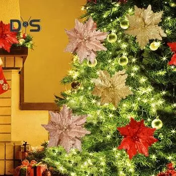 Рождественские цветы пуансеттии, большие искусственные цветы пуансеттии, блестящие цветы из искусственного шелка для украшения венка на елку шампанского