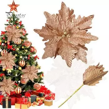 Рождественские цветы пуансеттии, большие искусственные цветы пуансеттии, блестящие цветы из искусственного шелка для украшения венка на елку шампанского