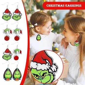 Рождественские деревянные серьги Зеленые волосы Рождественский подарок Висячие деревянные серьги Серьги One Size