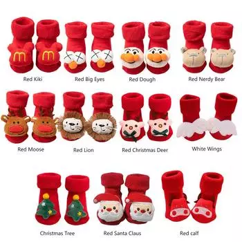 Рождественские детские красные носки с нескользящей подошвой, теплые детские носки для малышей 0-36 месяцев Red Big Eyes