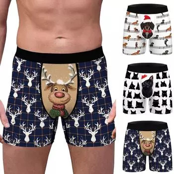 Рождественские дышащие облегающие мужские трусы с цифровой печатью, удобные боксеры L чёрный