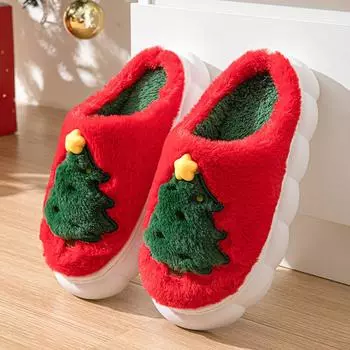 Рождественские елочные тапочки женские пушистые домашние туфли модные мультяшные зимние тапочки женские комфортные домашние хлопковые тапочки женские 36-37
