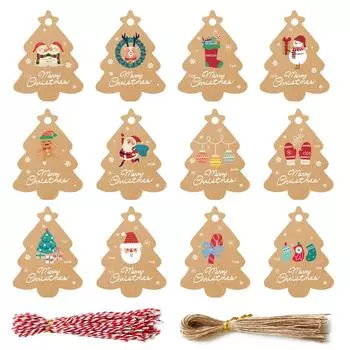 Рождественские елочные украшения из крафт-бумаги: Маленькие бирки для подарков Санта-Клауса s619#48 tags + 50 hemp ropes красный/белый