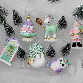 Рождественские елочные украшения из смолы, рождественские украшения, елочный декор, 6X Санта-Клаус, олень, сова, набор украшений, автомобильные украшения, рождественские знаки