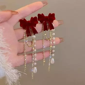 Рождественские флокированные серьги-подвески с бантом для женщин и девочек, годовые украшения, аксессуары для ушей as the picture