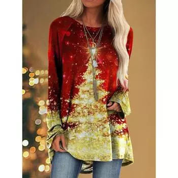 Рождественские футболки Рождественская елка Снеговик 3D Принт Женская футболка с длинным рукавом Оверсайз Уличная женская туника Футболки Топы Одежда S