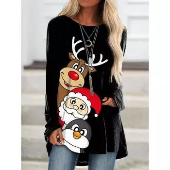 Рождественские футболки Рождественская елка Снеговик 3D Принт Женская футболка с длинным рукавом Оверсайз Уличная женская туника Футболки Топы Одежда S
