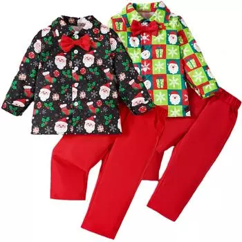 Рождественские футболки с длинным рукавом и мультяшными принтами для мальчиков, топы, штаны, детские наряды для джентльменов, зимняя детская одежда 100 чёрный