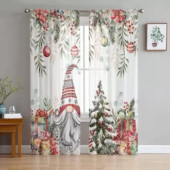 Рождественские гномы, ягоды, еловые листья, прозрачные шторы для гостиной, оконные шторы, кухонные шторы из тюля и вуали W135 x H115cm x1