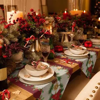 Рождественские Хуа Пуансеттия Холли Сосновые Ветки Настольные Флаги Настольная Скатерть Украшения Дома Рождественские Новогодние Украшения 150x33cm59x13inch