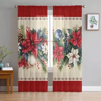 Рождественские и зимние шторы из листьев кедра для гостиной, спальни, украшения дома, шторы из тюля и вуали на окна W135 x H114cm