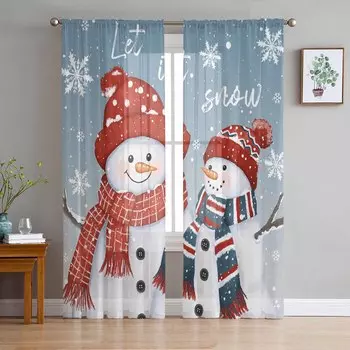 Рождественские и зимние шторы со снеговиком для гостиной, спальни, украшения дома, занавески из вуали и тюля для окон W135 x H114cm