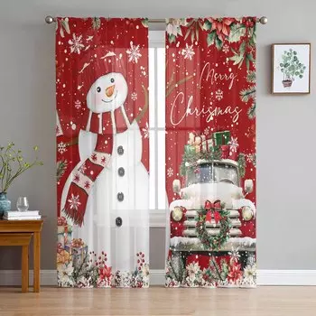 Рождественские и зимние шторы в виде снеговика-пуансеттии для гостиной, спальни, украшения дома, оконные вуали, тюль, занавески, драпировки W135 x H114cm