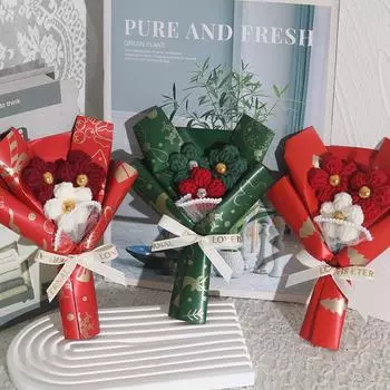 Рождественские искусственные букеты, мини-украшение ручной работы, вязаный крючком, имитация цветка, креативный вязаный пуф, декоративный бант, лента, подарок на домашнюю вечеринку