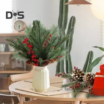 Рождественские искусственные сосновые ветки с красными ягодными стеблями, искусственная зелень, сосновые ветки с искусственными сосновыми шишками для рождественского венка, своими руками, праздничный декор Without Light