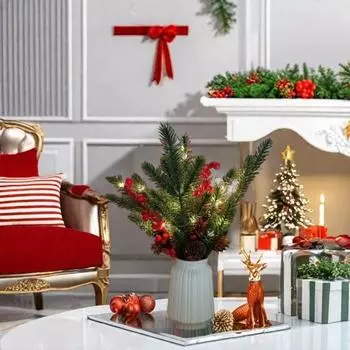 Рождественские искусственные сосновые ветки с красными ягодными стеблями, искусственная зелень, сосновые ветки с искусственными сосновыми шишками для рождественского венка, своими руками, праздничный декор Without Light