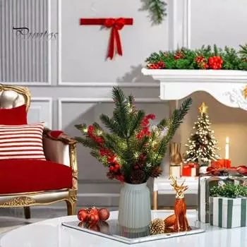 Рождественские искусственные сосновые ветки с красными ягодными стеблями, искусственная зелень, сосновые ветки с искусственными сосновыми шишками для рождественского венка, своими руками, праздничный декор Without Light