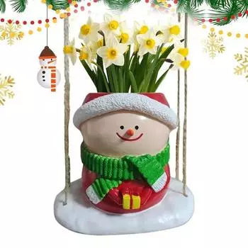 Рождественские качели Снеговик Кашпо Смола Мультфильм Улыбающийся Снеговик Подвесной цветочный горшок Для помещений Уличный Кактус Суккулентные растения Контейнер красный/белый