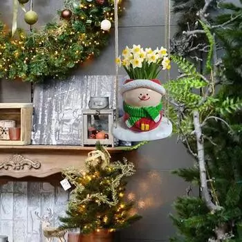 Рождественские качели Снеговик Кашпо Смола Мультфильм Улыбающийся Снеговик Подвесной цветочный горшок Для помещений На Открытом Воздухе Кактус Суккулентные Растения Контейнер Для Домашнего Балкона