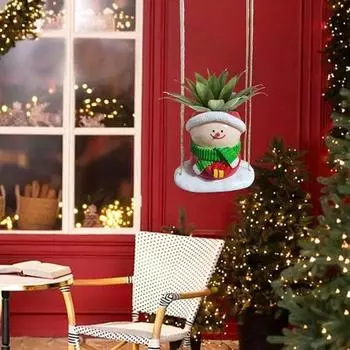 Рождественские качели Снеговик Кашпо Смола Мультфильм Улыбающийся Снеговик Подвесной цветочный горшок Для помещений Уличный Кактус Суккулентные растения Контейнер