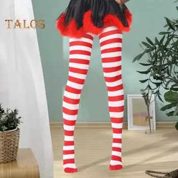 Рождественские колготки с полосками, цветные, с высокой талией, в стиле ретро, яркие, нескользящие, обтягивающие, мини-платье для косплея, юбка, длинные носки Adult белый