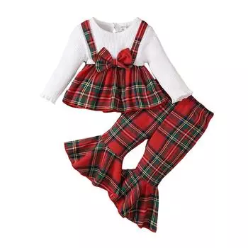 Рождественские комплекты одежды для маленьких девочек, топы с рюшами и длинными рукавами и бантом, клетчатые штаны, Рождественский костюм, костюм 18-24 Months белый