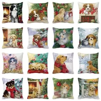 Рождественские кошки и собаки, новогодние рождественские украшения, подушки, наволочки, украшения для гостиной, дивана, украшение для дома 40x40cm