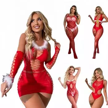 Рождественские костюмы женские кружевные ажурные эротические платья BabyDoll боди нижнее белье сексуальный открытый комплект нижнего белья с вырезами One Size