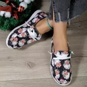 Рождественские кроссовки, женские парусиновые туфли одиночества, осенние модные дышащие повседневные туфли на плоской подошве с принтом Санта-Клауса, подарки на Новый год 39 чёрный