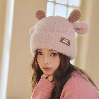 Рождественские мультяшные оленьи рога милые наушники вязаная шапка замедляющая старение толстая теплая шерстяная шапка для женщин M56-58cm чёрный