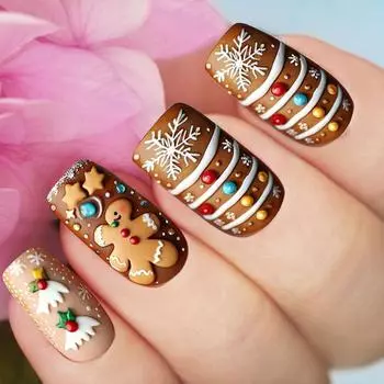 Рождественские накладные ногти Искусственные ногти Мультяшные пряничные человечки Накладные ногти Шоколадный домик Полное покрытие Наклеить на ногти