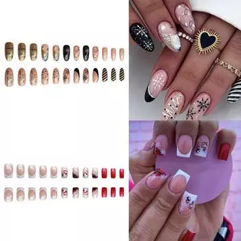 Рождественские накладные ногти Короткие рождественские короткие накладные ногти с клеем Полное покрытие искусственных ногтей с рисунком Санта-Клауса, оленя и снежинки SD15