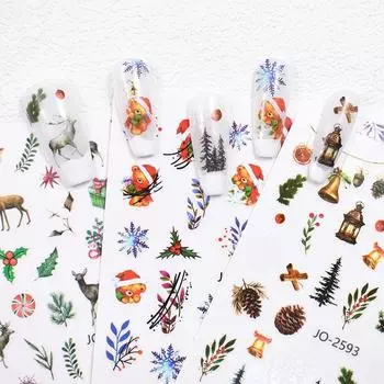 Рождественские наклейки для ногтей с изображением Санта-Клауса и лося, снежинки, новогодние наклейки для декора ногтей с изображением мультфильмов, рождественские слайдеры для маникюра JO2591